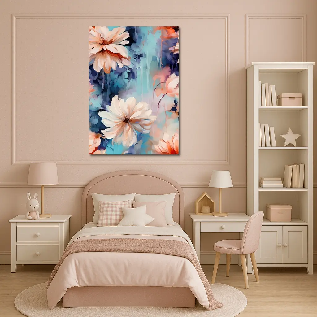 Watercolor Daisy Flowers Blue Dreamy Background – Wall Art