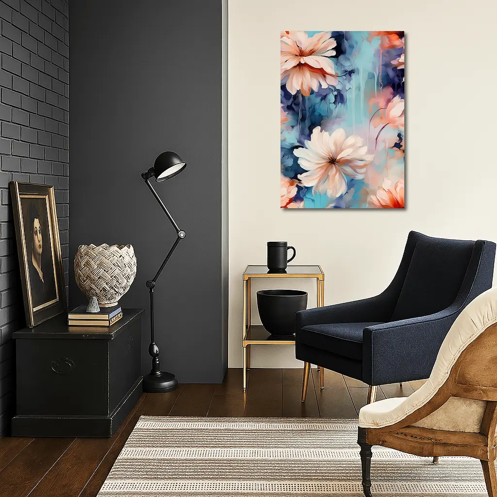 Watercolor Daisy Flowers Blue Dreamy Background – Wall Art