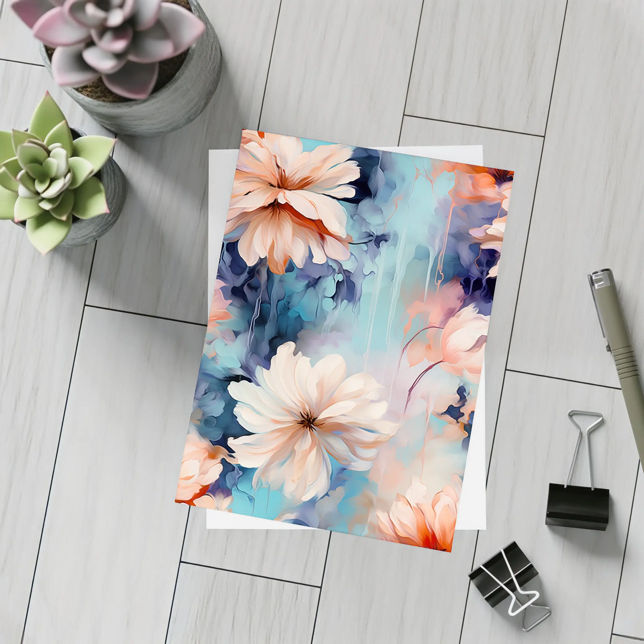 Watercolor Daisy Flowers Blue Dreamy Background – Postcards