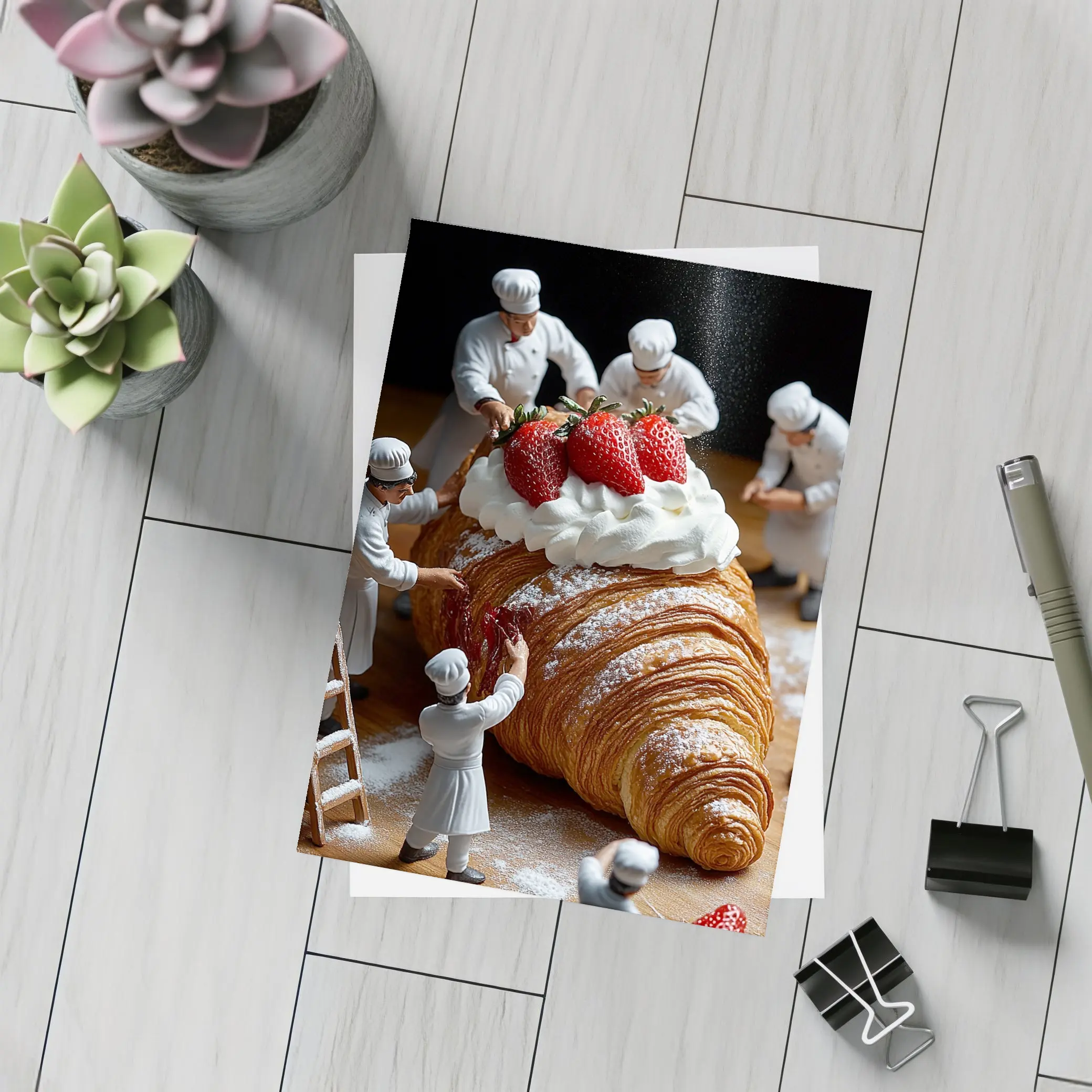 Tiny Chefs Decorating Giant Strawberry Croissant – Postcards