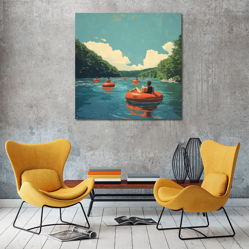 River Tubing Summer Float Retro Illustration – Wall Art