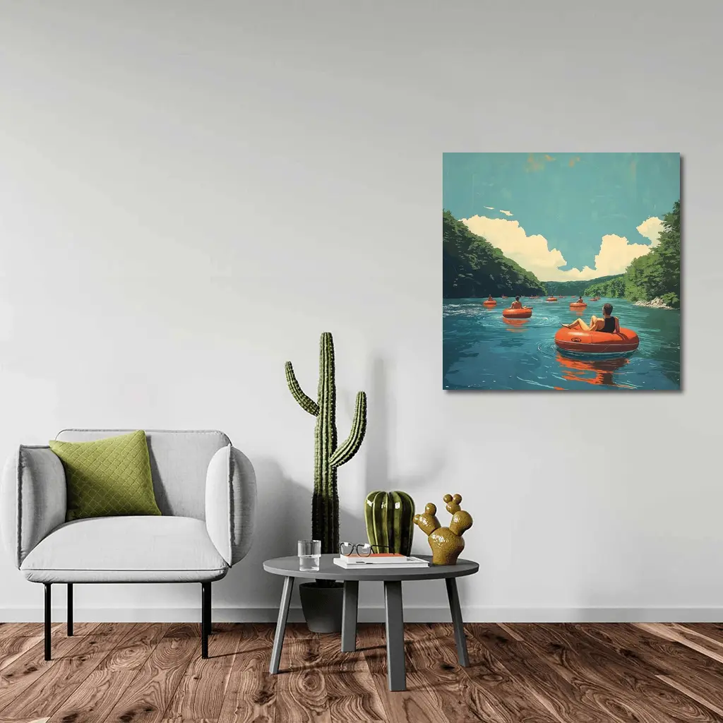 River Tubing Summer Float Retro Illustration – Wall Art