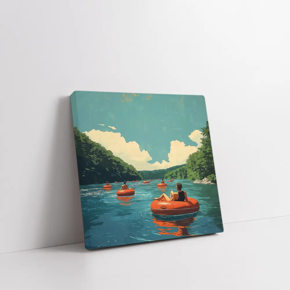 River Tubing Summer Float Retro Illustration – Wall Art