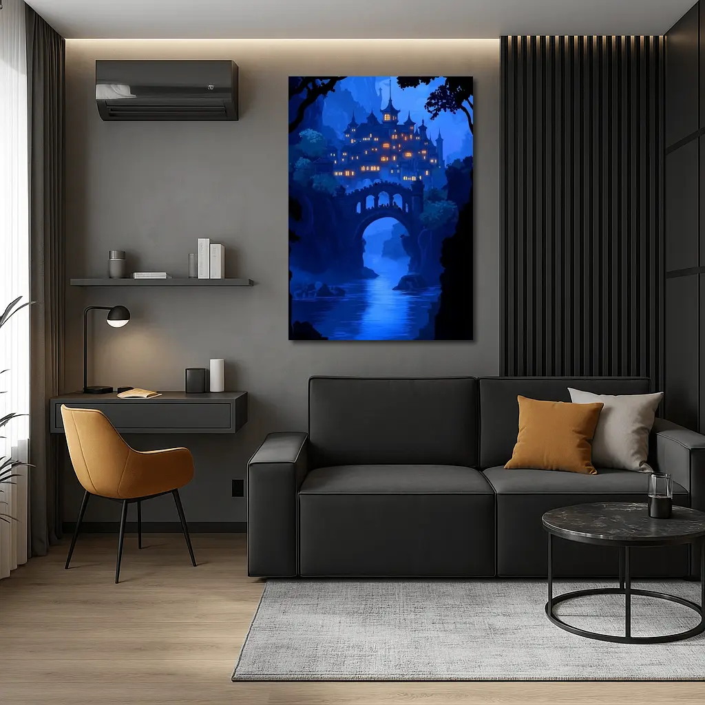 Fantasy Castle Bridge Blue Night Art – Wall Art