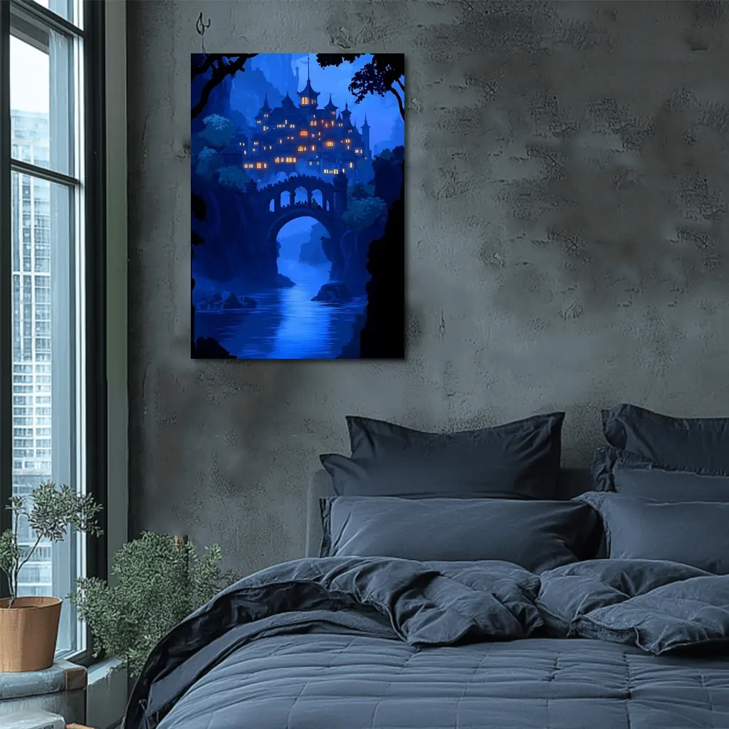 Fantasy Castle Bridge Blue Night Art – Wall Art