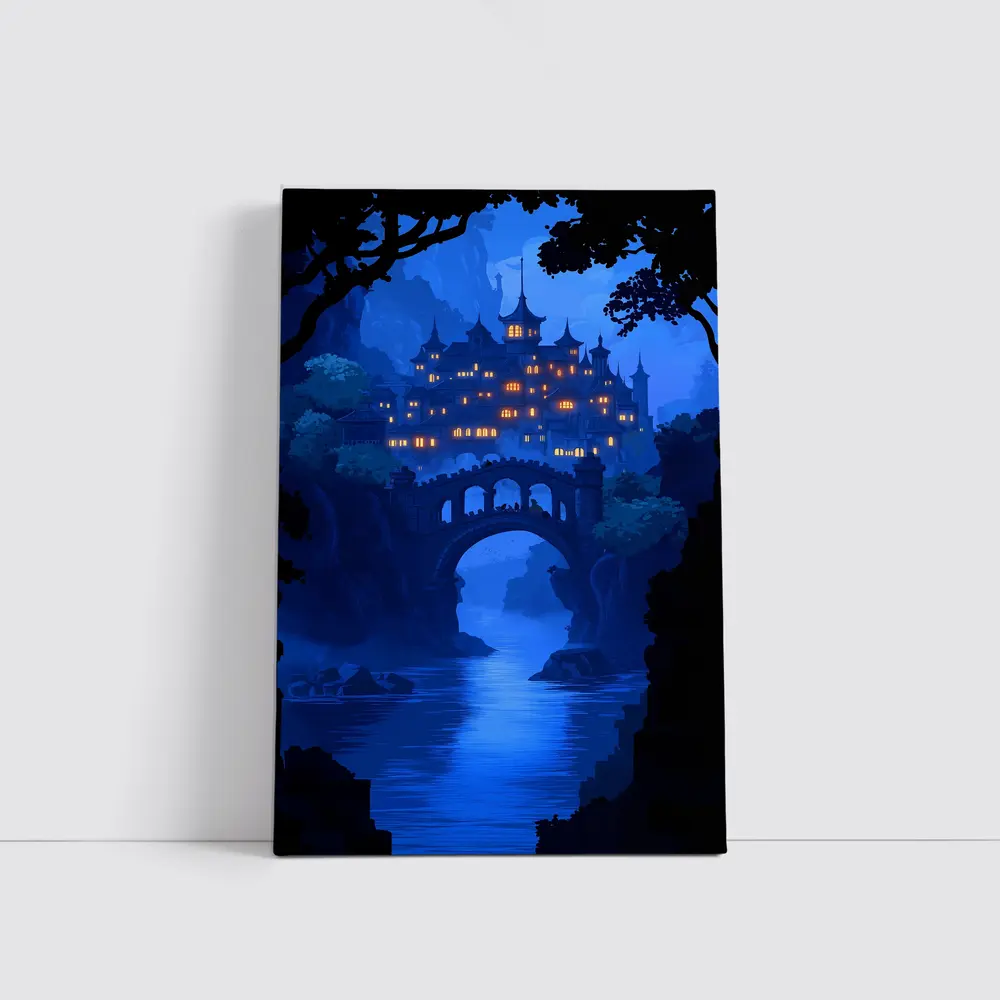 Fantasy Castle Bridge Blue Night Art – Wall Art