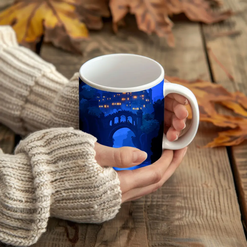 Fantasy Castle Bridge Blue Night Art – Mugs