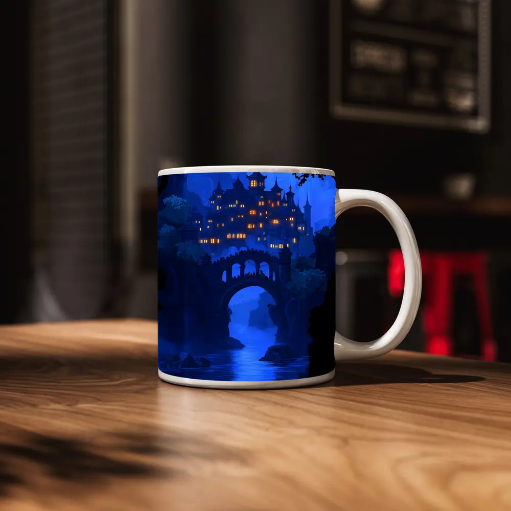 Fantasy Castle Bridge Blue Night Art – Mugs