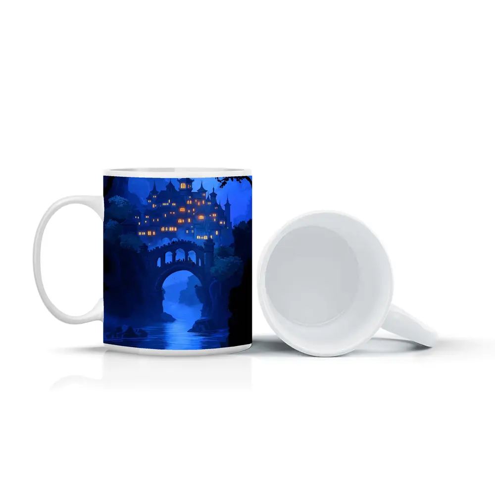 Fantasy Castle Bridge Blue Night Art – Mugs