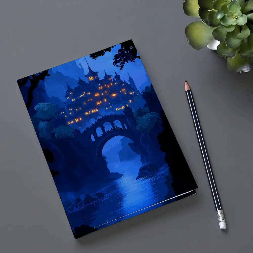 Fantasy Castle Bridge Blue Night Art – Notebooks