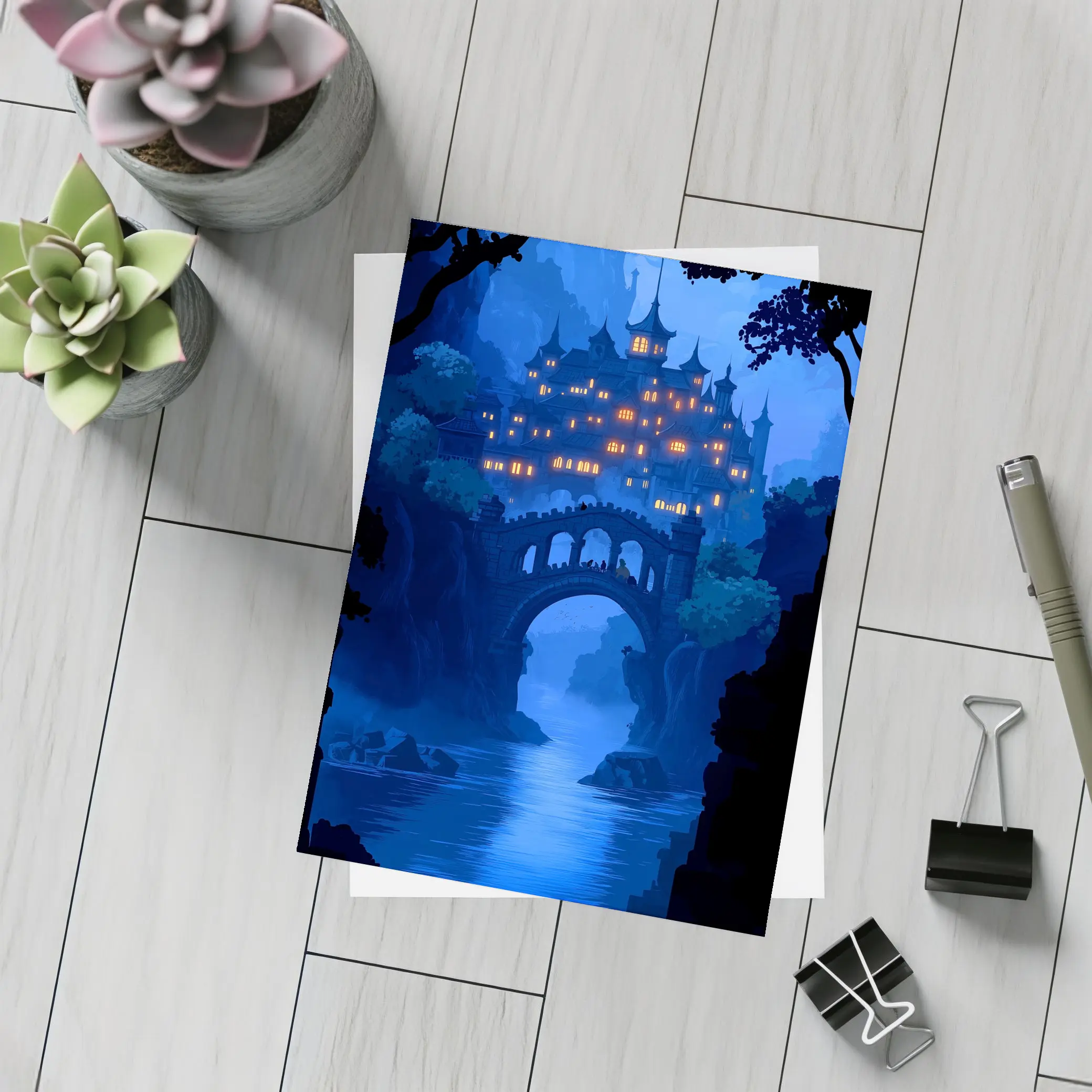Fantasy Castle Bridge Blue Night Art – Postcards