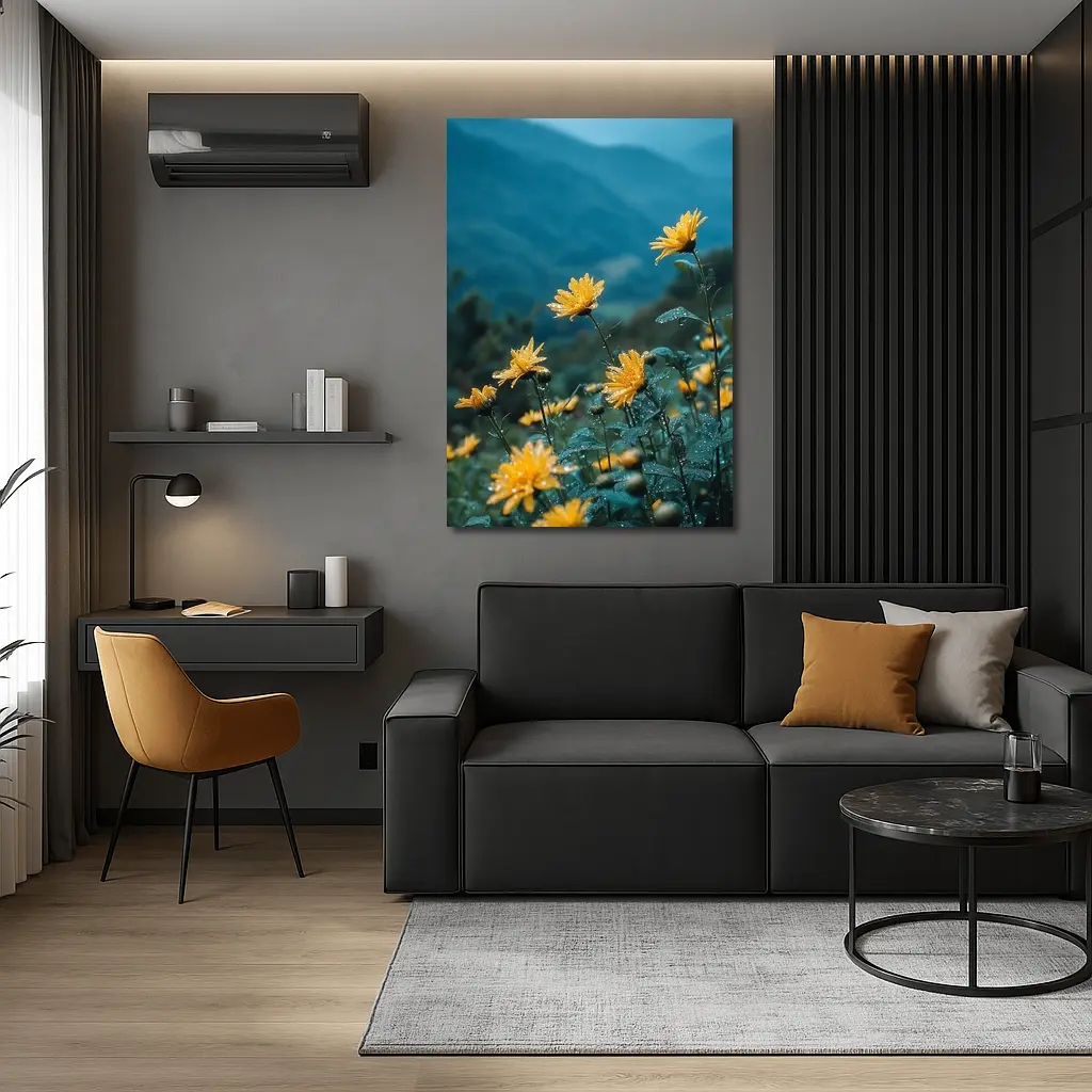 Yellow Daisies Blooming Against Misty Mountains – Wall Art