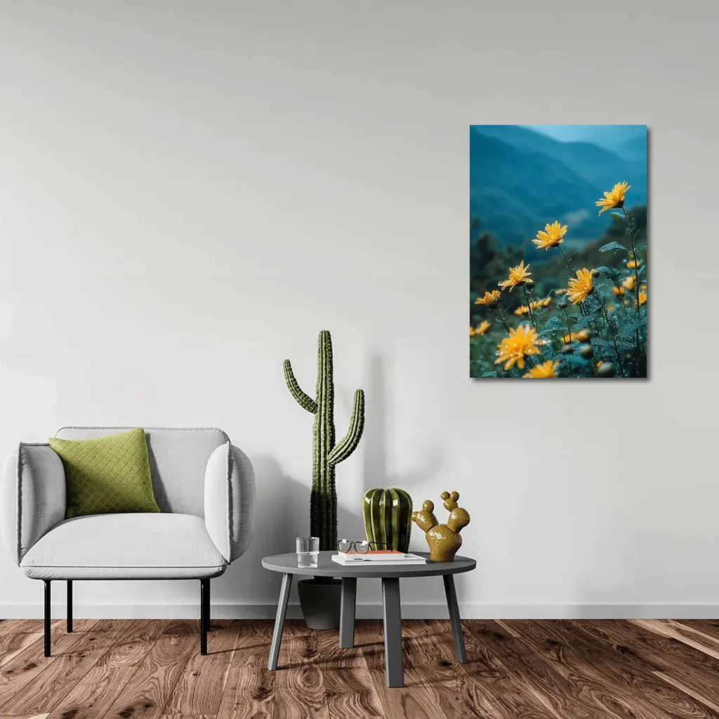 Yellow Daisies Blooming Against Misty Mountains – Wall Art
