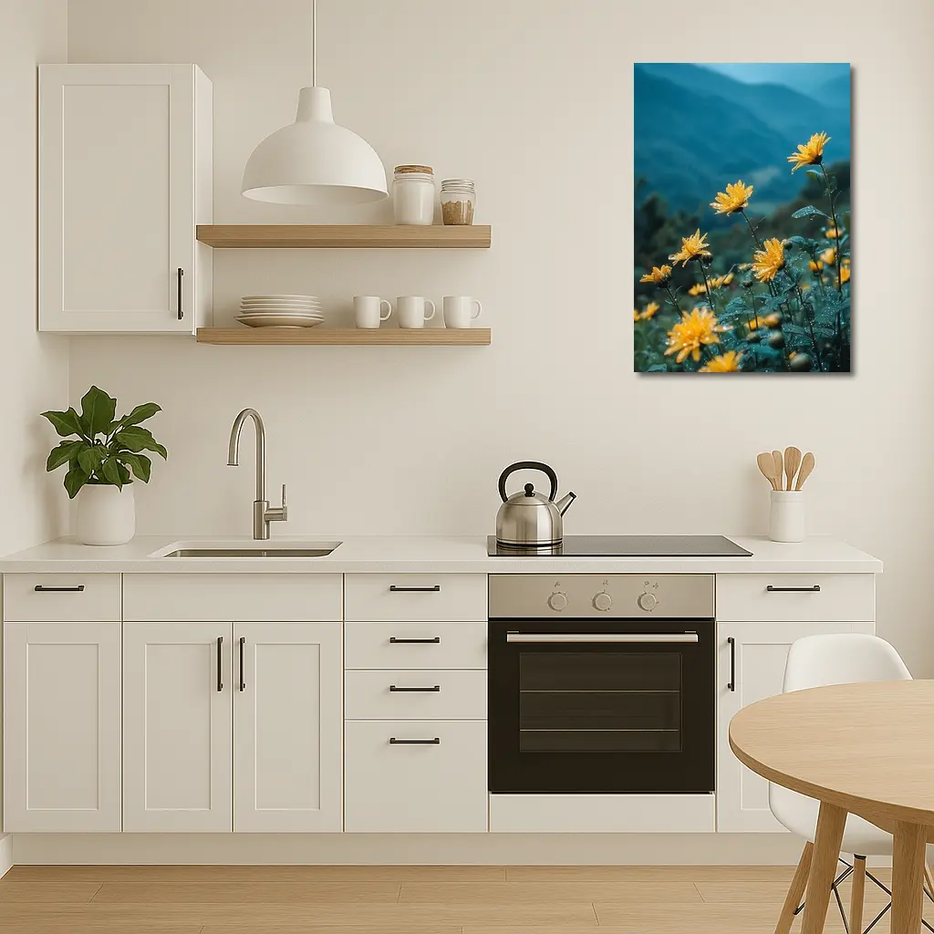 Yellow Daisies Blooming Against Misty Mountains – Wall Art