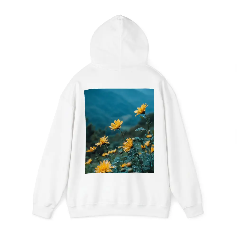 Yellow Daisies Blooming Against Misty Mountains – Hoodies