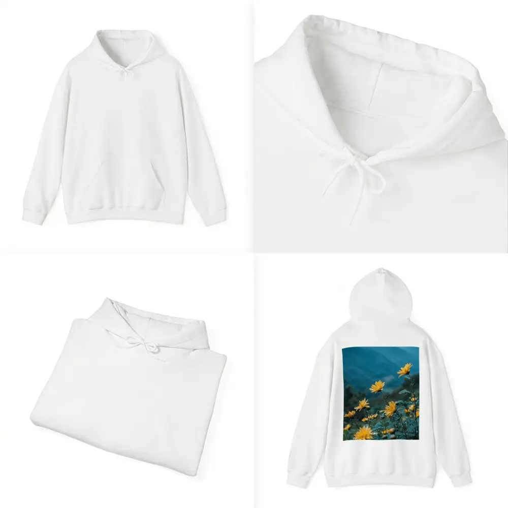Yellow Daisies Blooming Against Misty Mountains – Hoodies