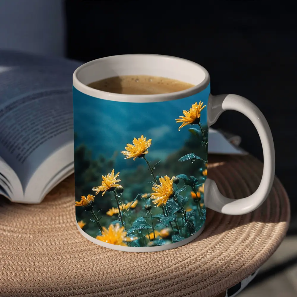 Yellow Daisies Blooming Against Misty Mountains – Mugs