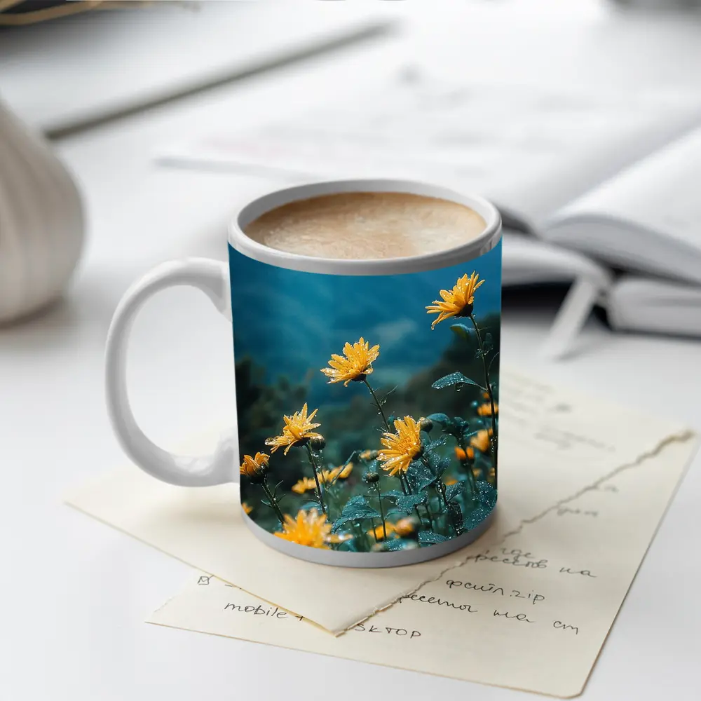 Yellow Daisies Blooming Against Misty Mountains – Mugs