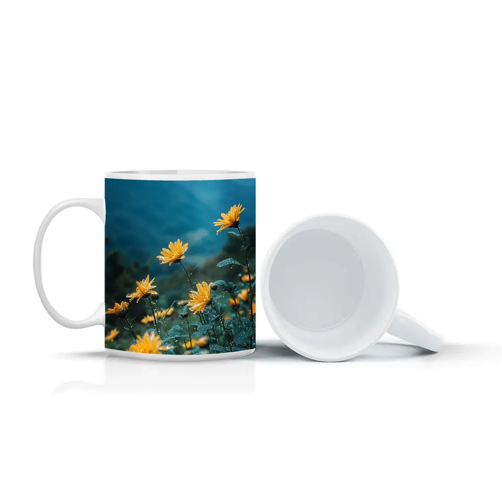 Yellow Daisies Blooming Against Misty Mountains – Mugs