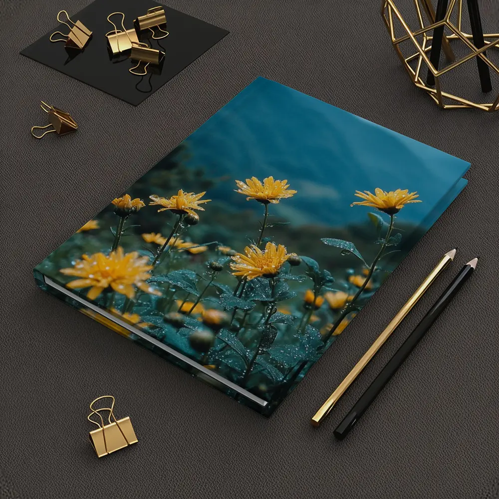 Yellow Daisies Blooming Against Misty Mountains – Notebooks