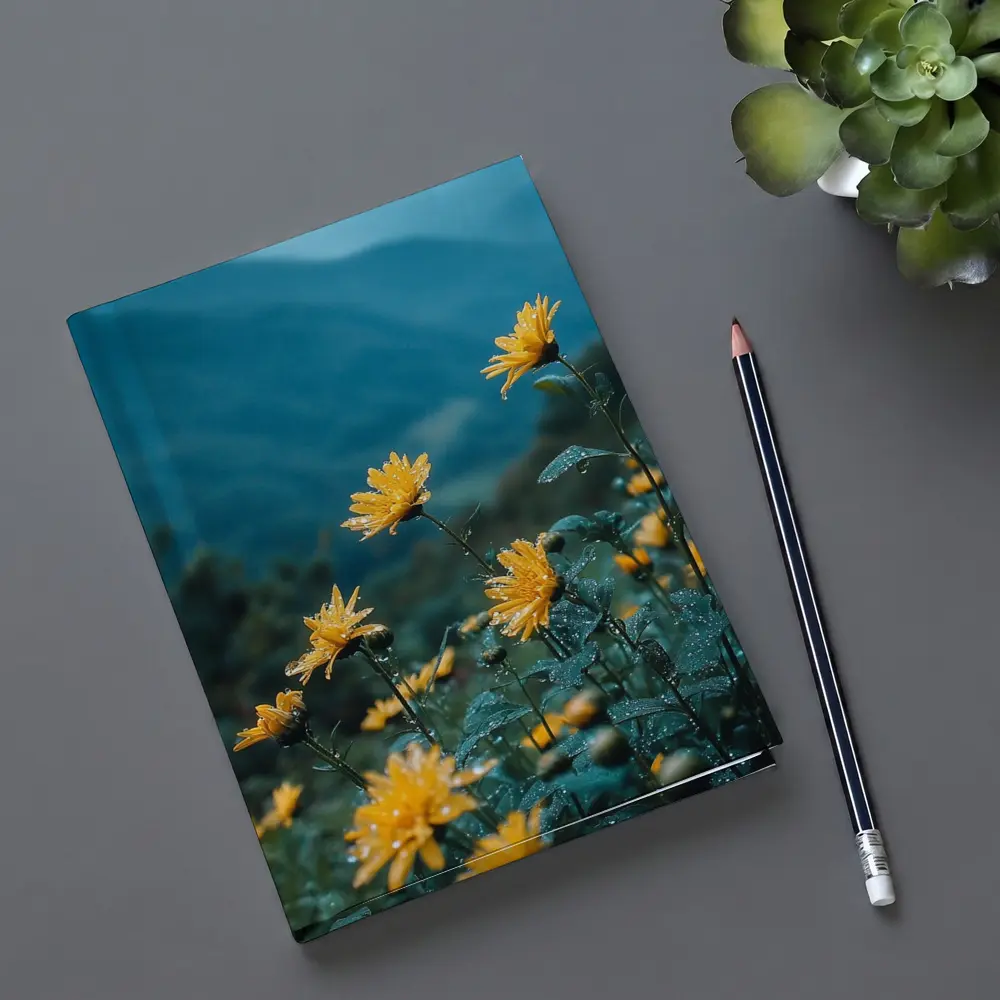 Yellow Daisies Blooming Against Misty Mountains – Notebooks