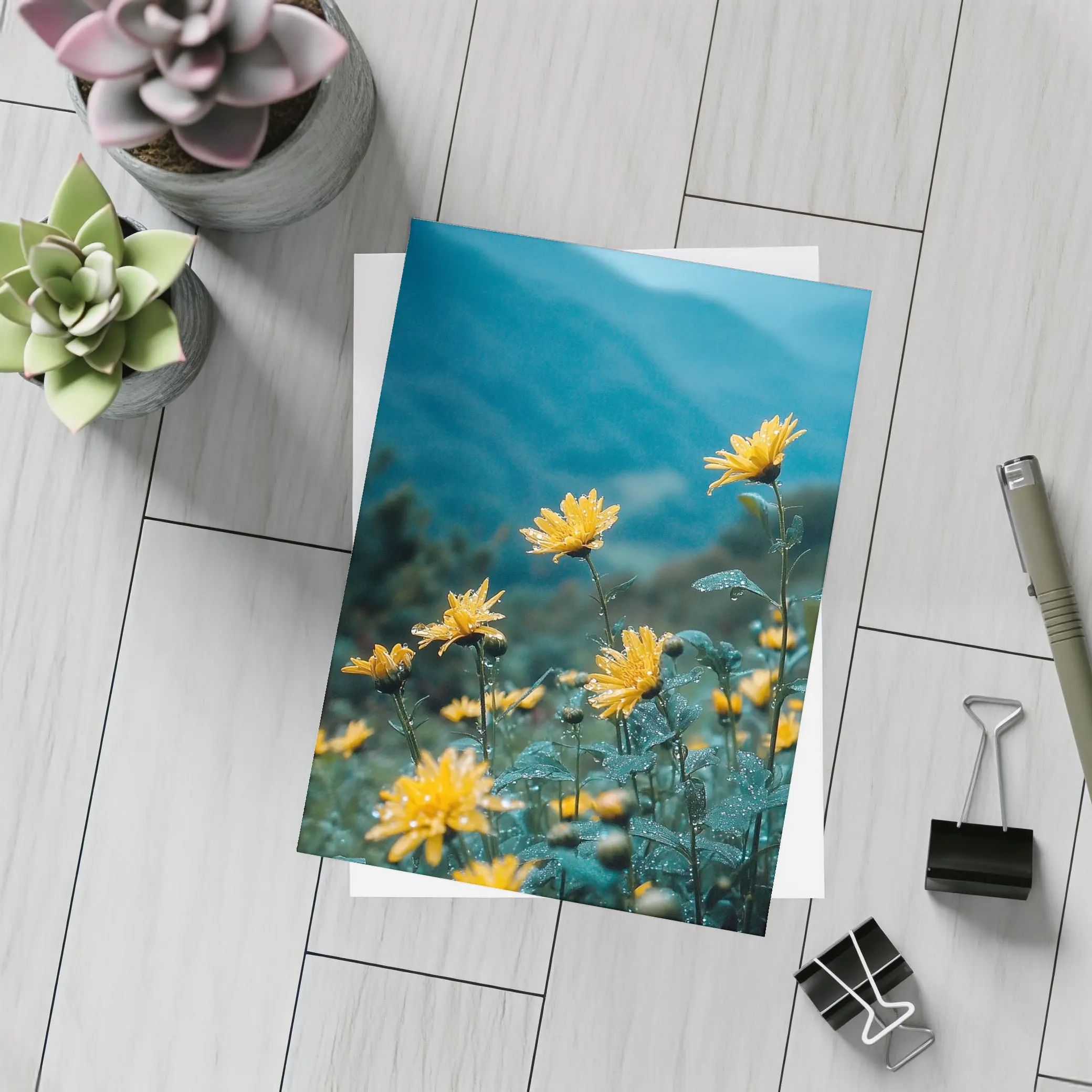 Yellow Daisies Blooming Against Misty Mountains – Postcards