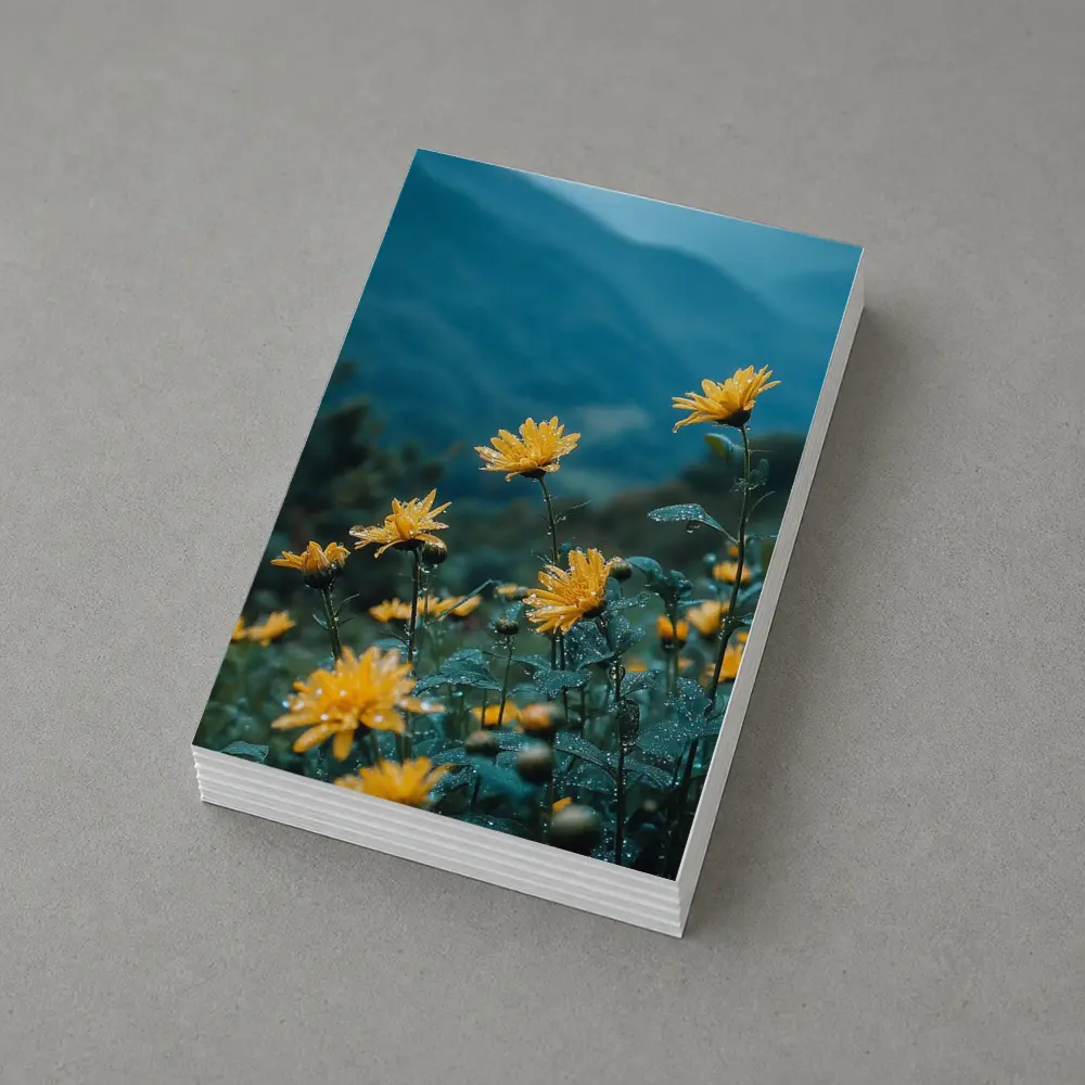 Yellow Daisies Blooming Against Misty Mountains – Postcards