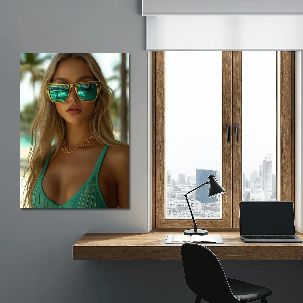 Blonde Woman Green Bikini Tropical Beach – Wall Art