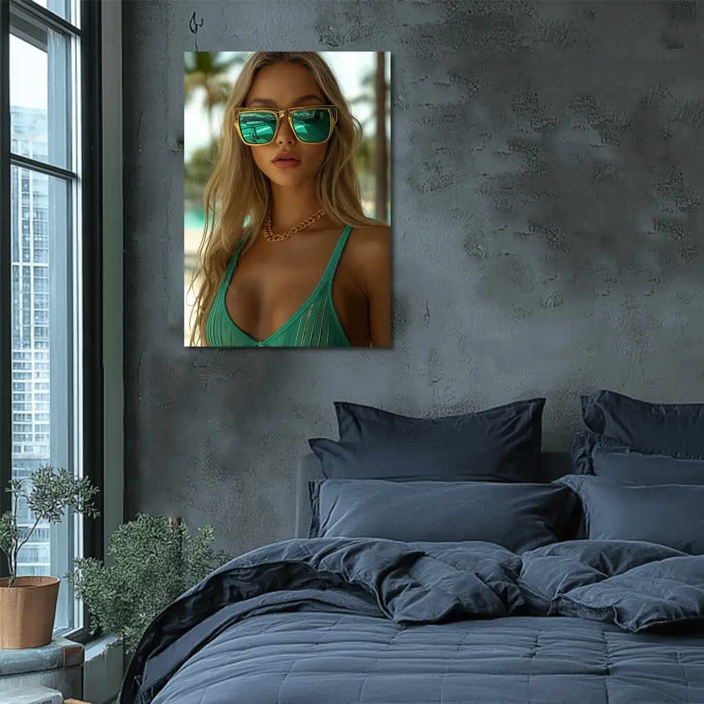 Blonde Woman Green Bikini Tropical Beach – Wall Art