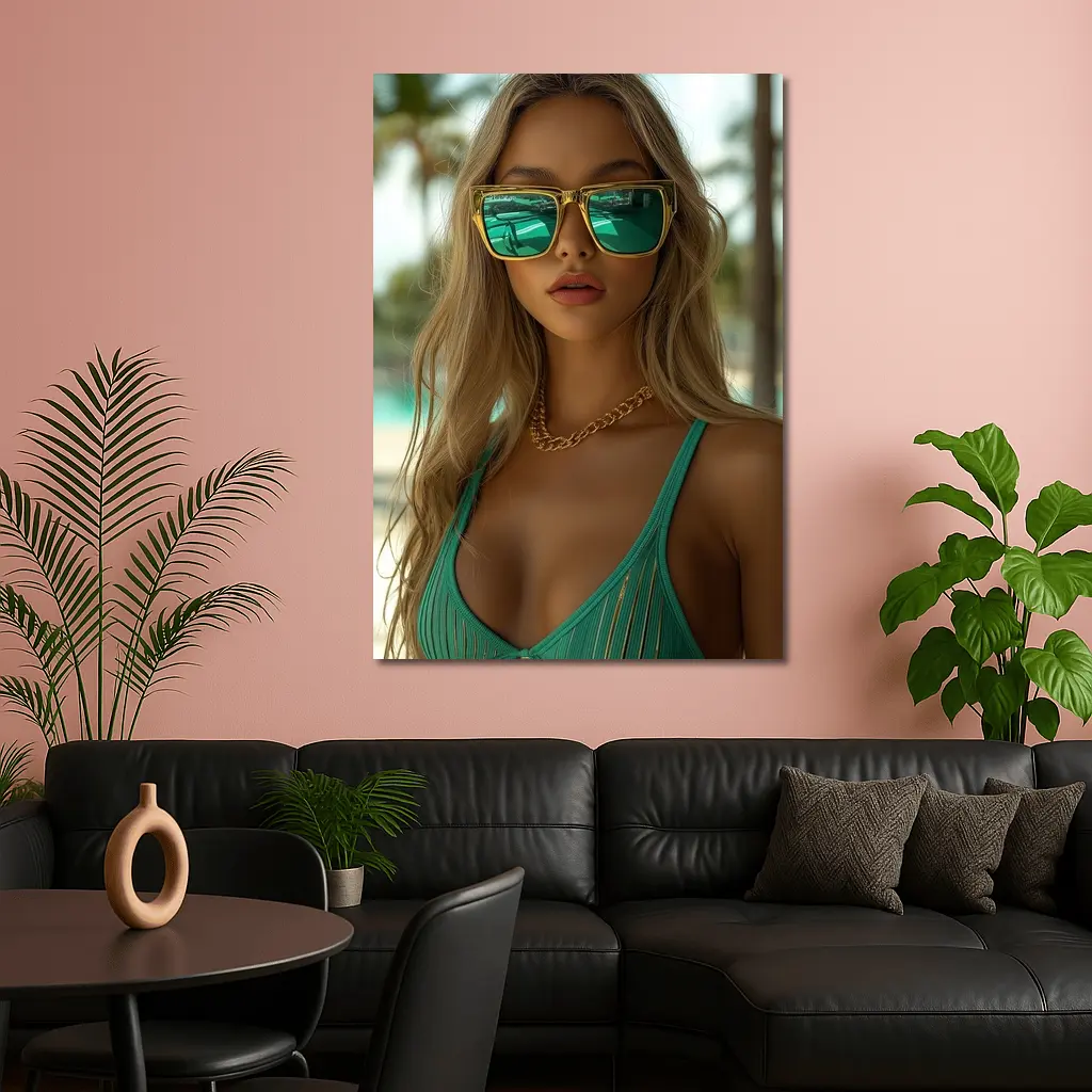 Blonde Woman Green Bikini Tropical Beach – Wall Art