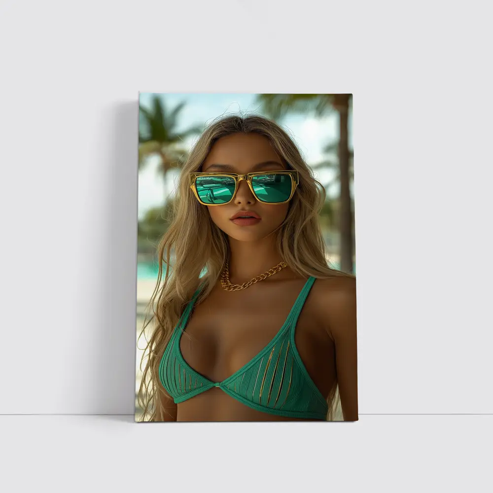Blonde Woman Green Bikini Tropical Beach – Wall Art