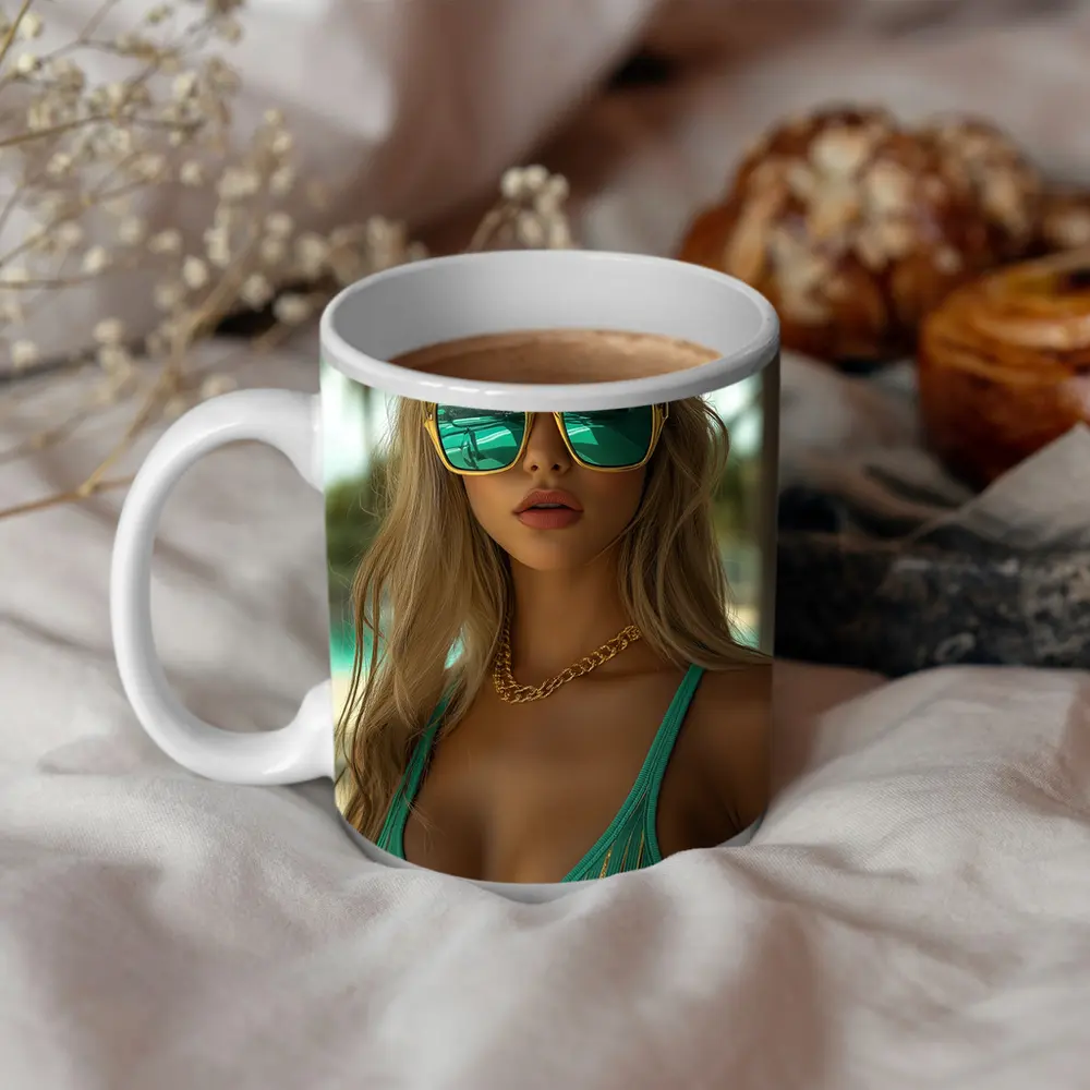 Blonde Woman Green Bikini Tropical Beach – Mugs