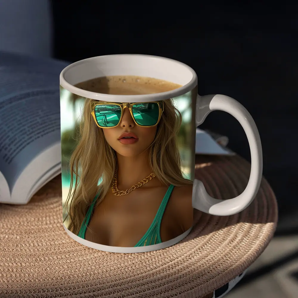 Blonde Woman Green Bikini Tropical Beach – Mugs