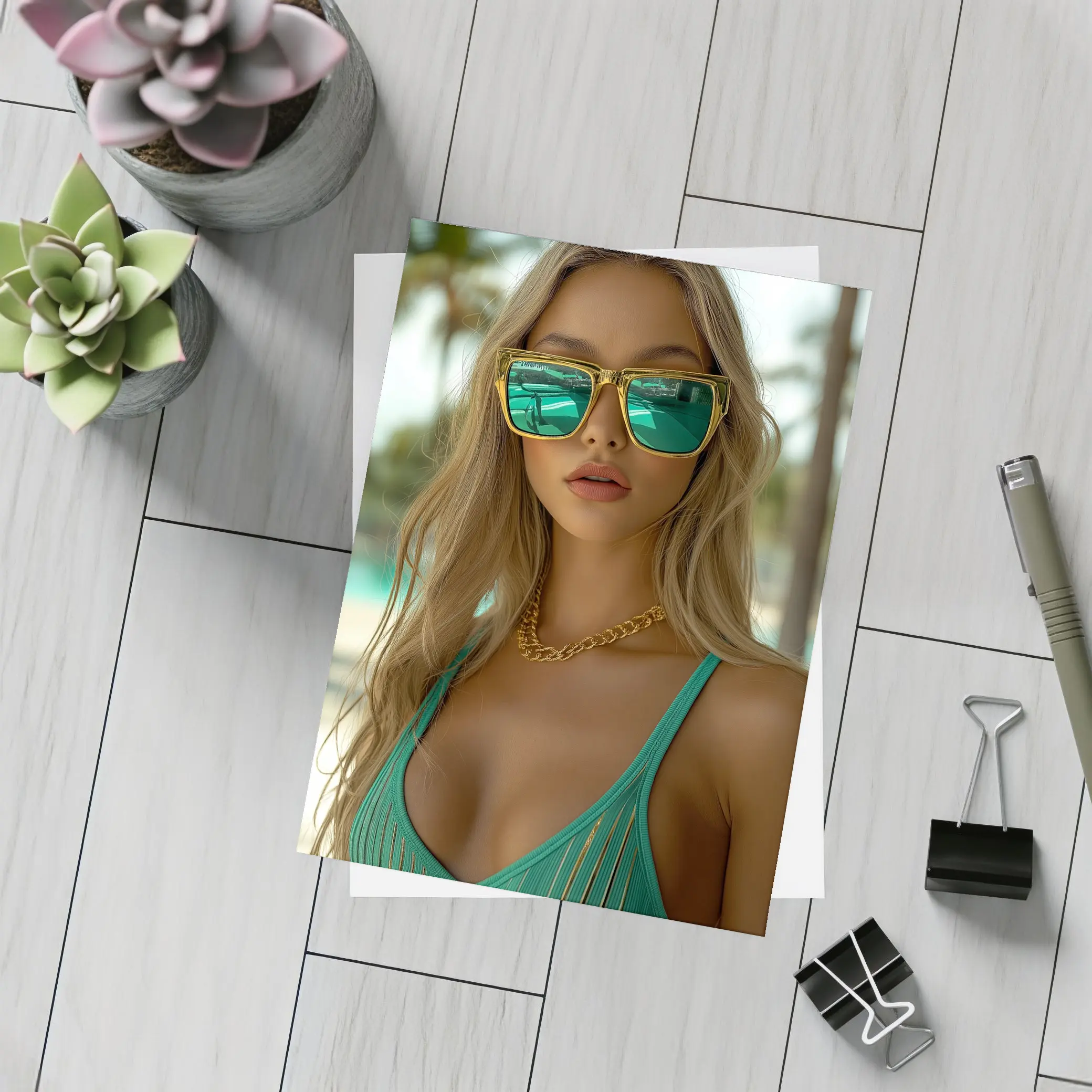 Blonde Woman Green Bikini Tropical Beach – Postcards
