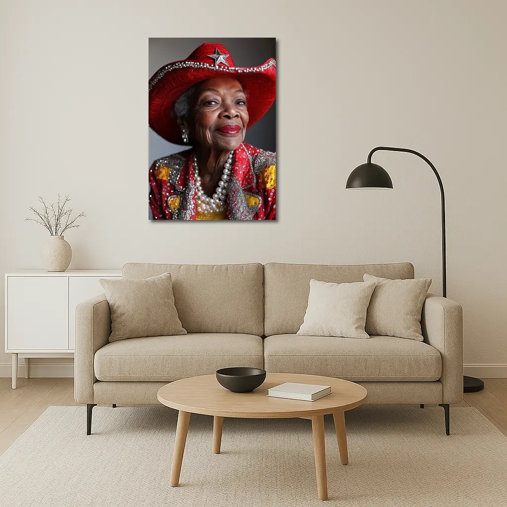 Elderly Woman Red Cowboy Hat Pearl Necklace – Wall Art