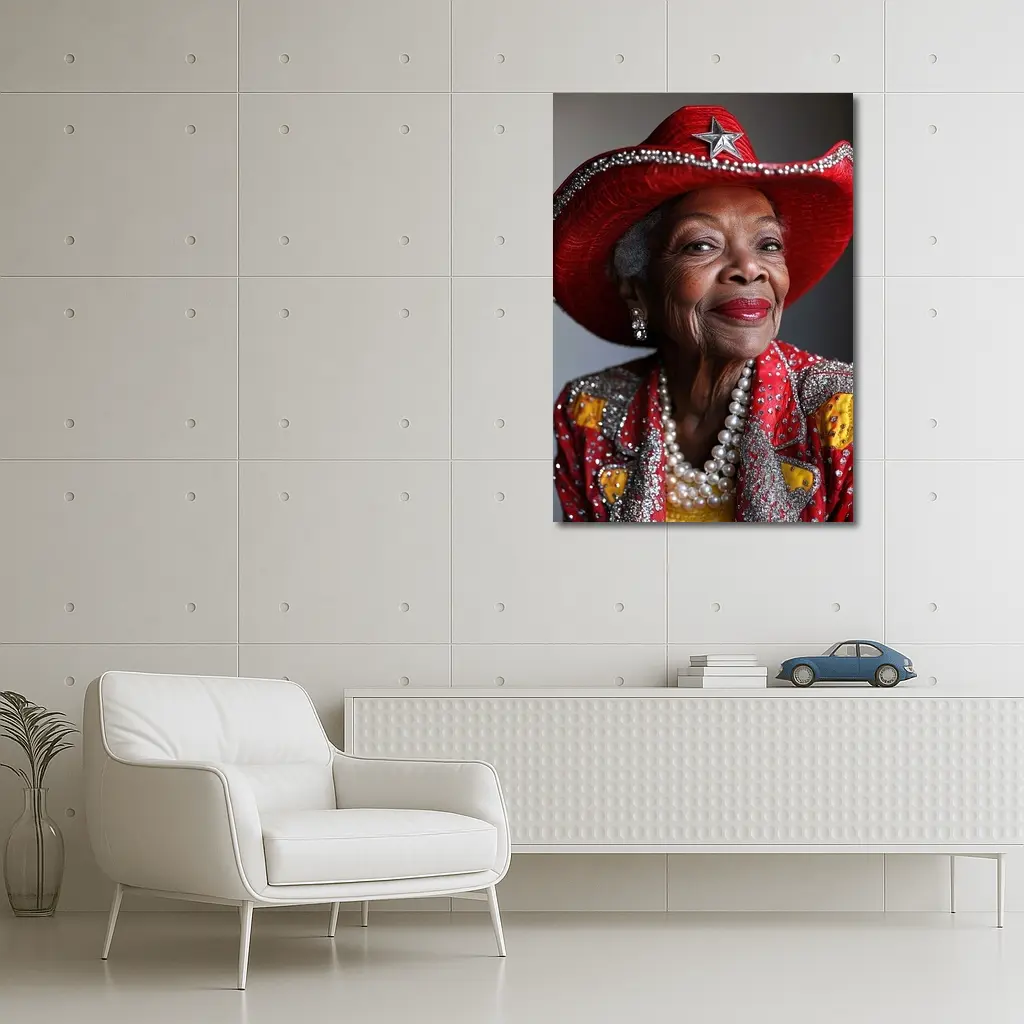 Elderly Woman Red Cowboy Hat Pearl Necklace – Wall Art