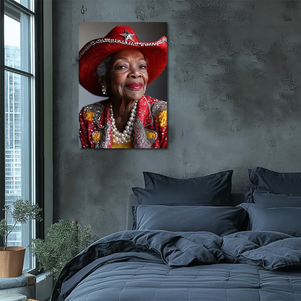 Elderly Woman Red Cowboy Hat Pearl Necklace – Wall Art