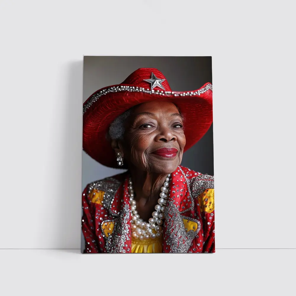 Elderly Woman Red Cowboy Hat Pearl Necklace – Wall Art