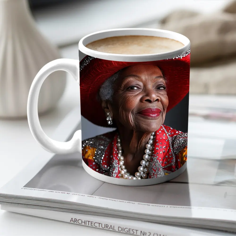 Elderly Woman Red Cowboy Hat Pearl Necklace – Mugs