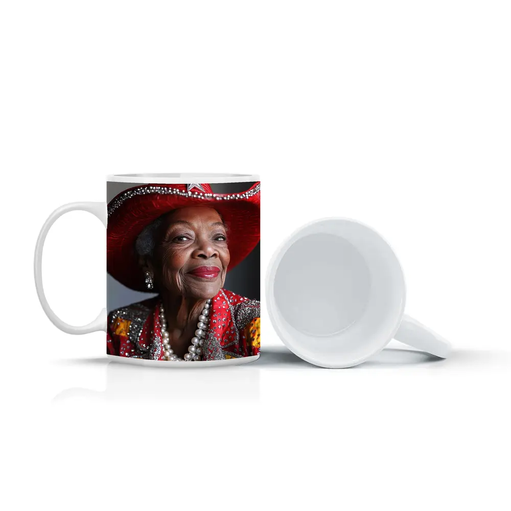 Elderly Woman Red Cowboy Hat Pearl Necklace – Mugs