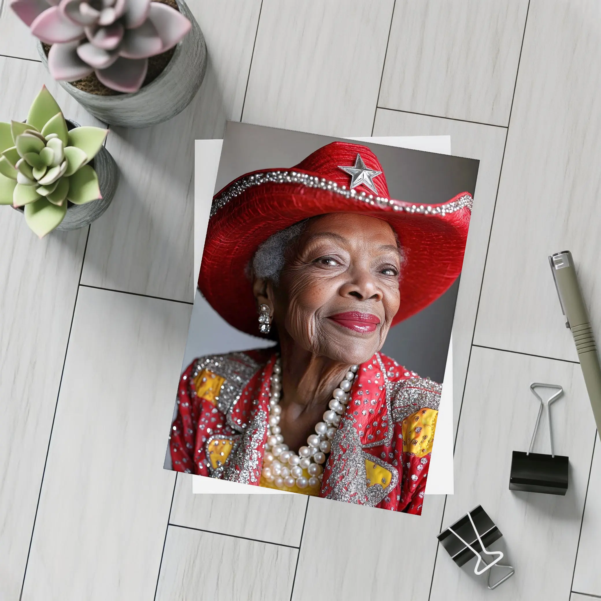 Elderly Woman Red Cowboy Hat Pearl Necklace – Postcards