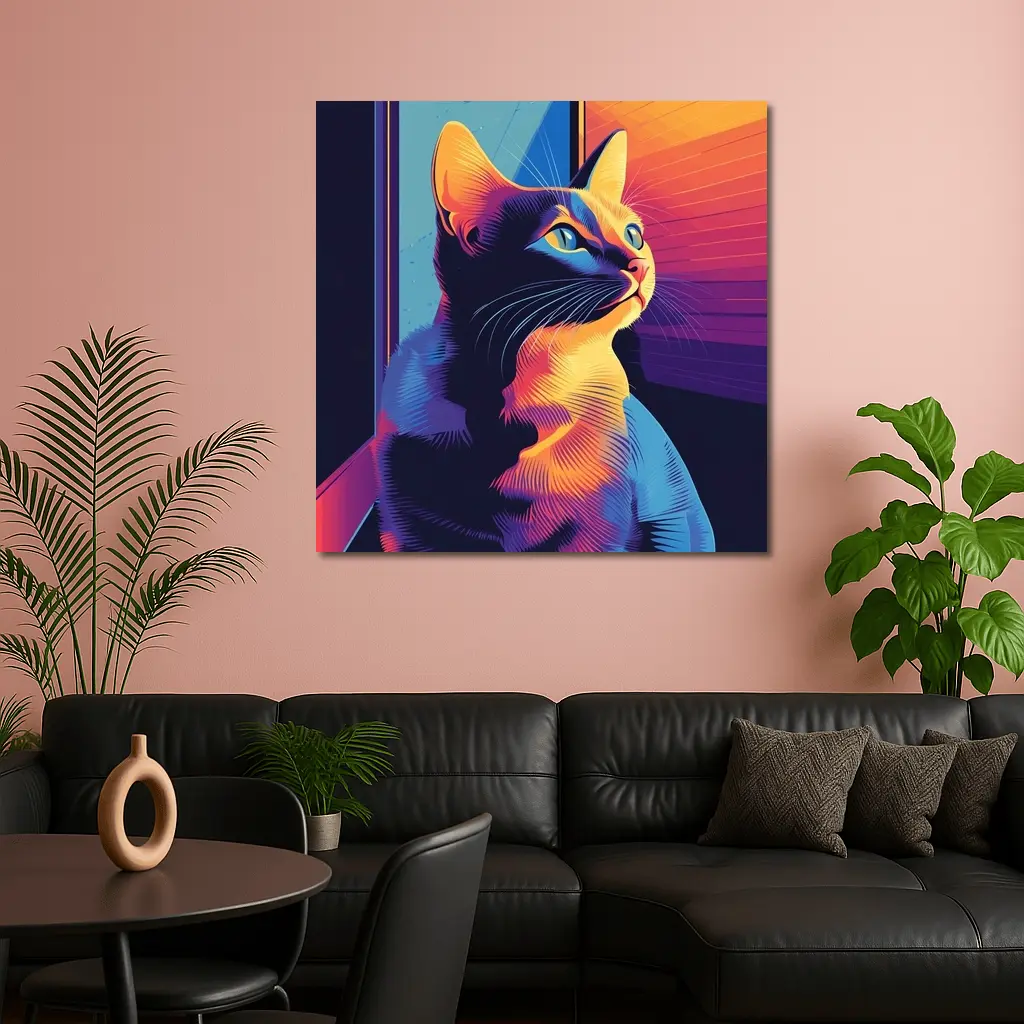 Neon Cat Portrait Colorful Retro Window – Wall Art