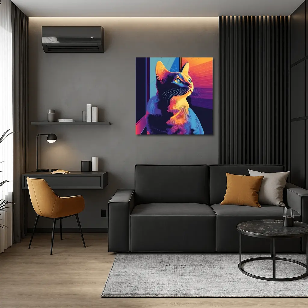 Neon Cat Portrait Colorful Retro Window – Wall Art