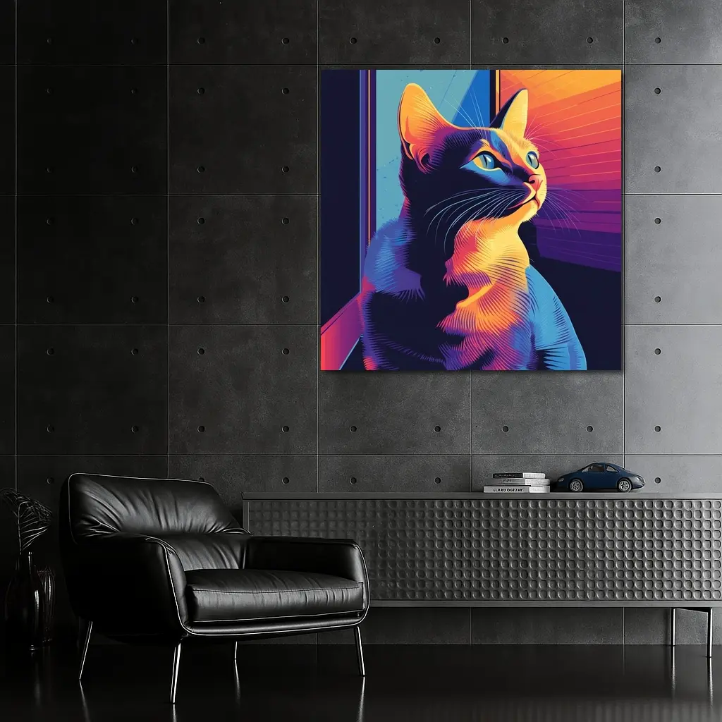 Neon Cat Portrait Colorful Retro Window – Wall Art