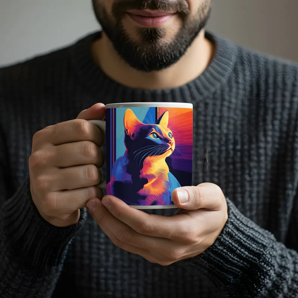 Neon Cat Portrait Colorful Retro Window – Mugs