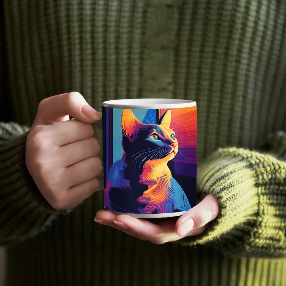 Neon Cat Portrait Colorful Retro Window – Mugs