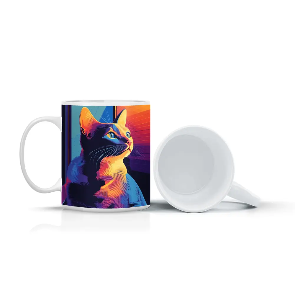 Neon Cat Portrait Colorful Retro Window – Mugs