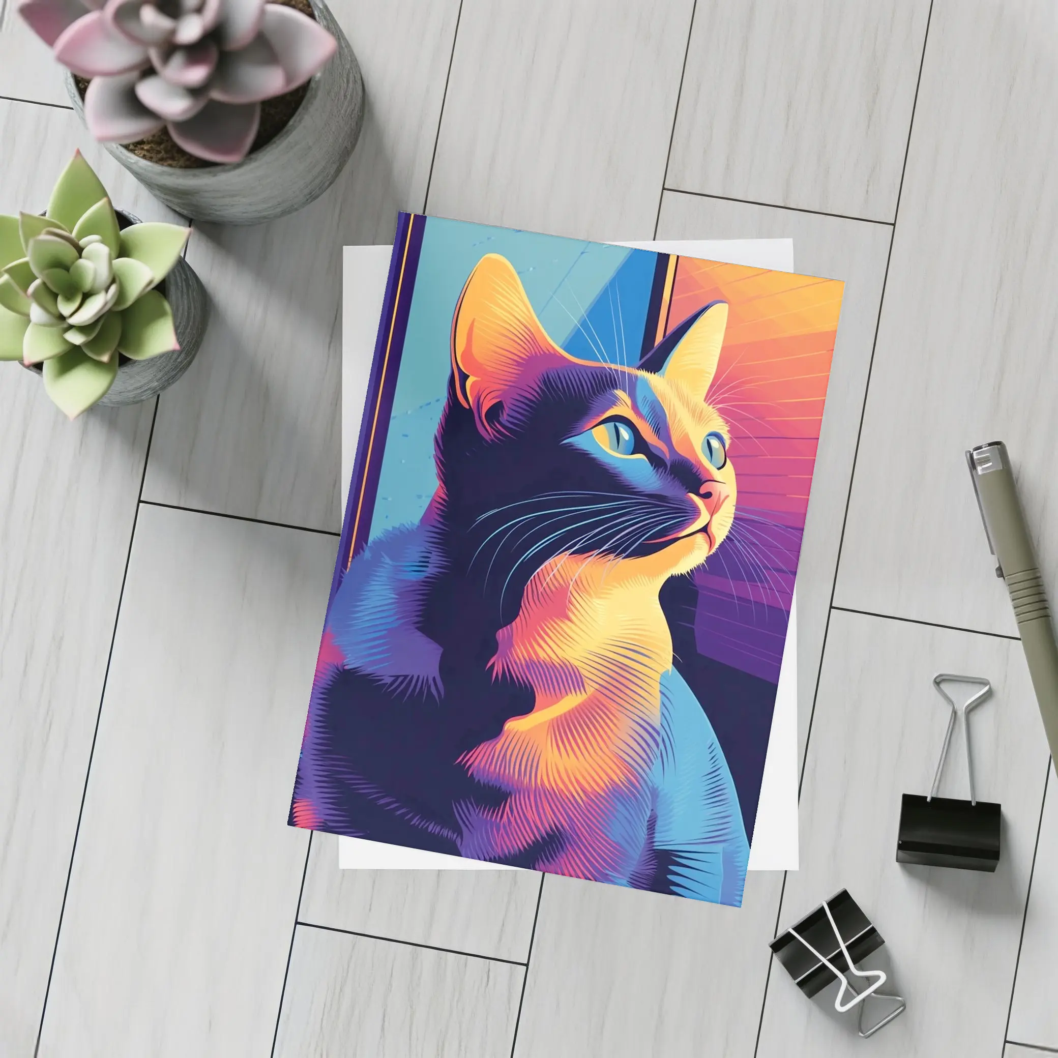Neon Cat Portrait Colorful Retro Window – Postcards