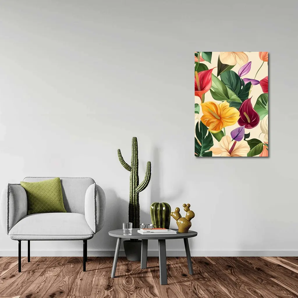 Tropical Anthurium Hibiscus Flowers Beige Background – Wall Art