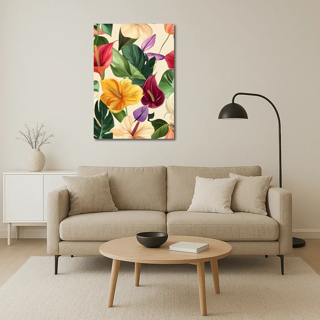 Tropical Anthurium Hibiscus Flowers Beige Background – Wall Art